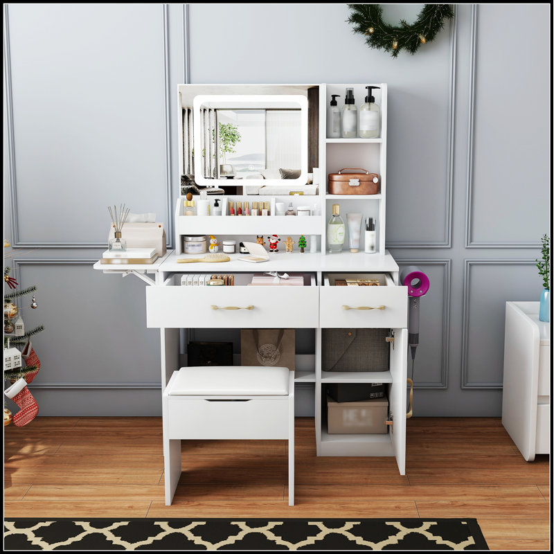 Vanity Desk With LED Mirror, Power Outlet, And Multiple Storage Options For Girls And Women, Perfect For Makeup And Organization