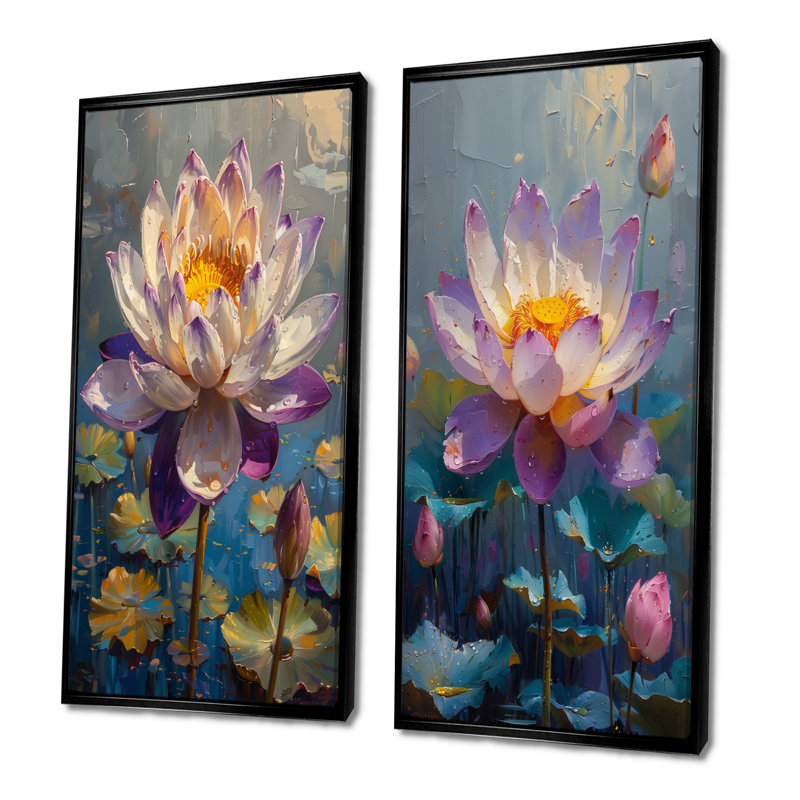 Mauve et gris lotus Bloom I - ensemble d'art mural lotus 2 pièces, H 28 po x l 24 po, Impression encadrée