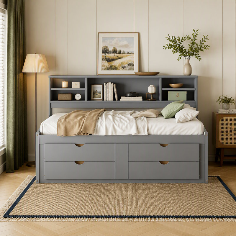 Lit de jour en bois avec 2 armoires de chevet, tablettes supérieures et 4 tiroirs, Grey