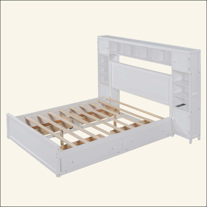 Lit en bois avec armoire, tablette et prises tout-en-un