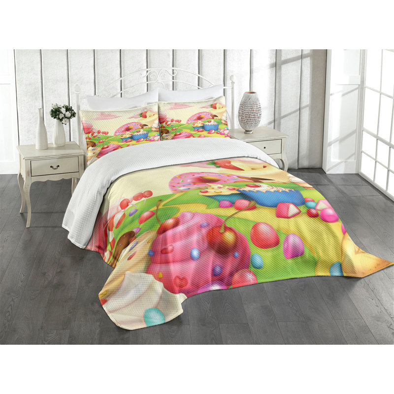 Ambesonne Cartoon Bedspread Set Yummy Donuts Land Multicolor, King Bedspread + 2 Standard Shams