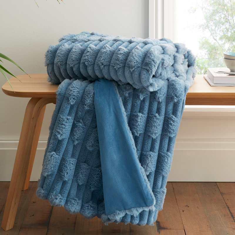 Carved Faux Fur Blanket Throw, Blue