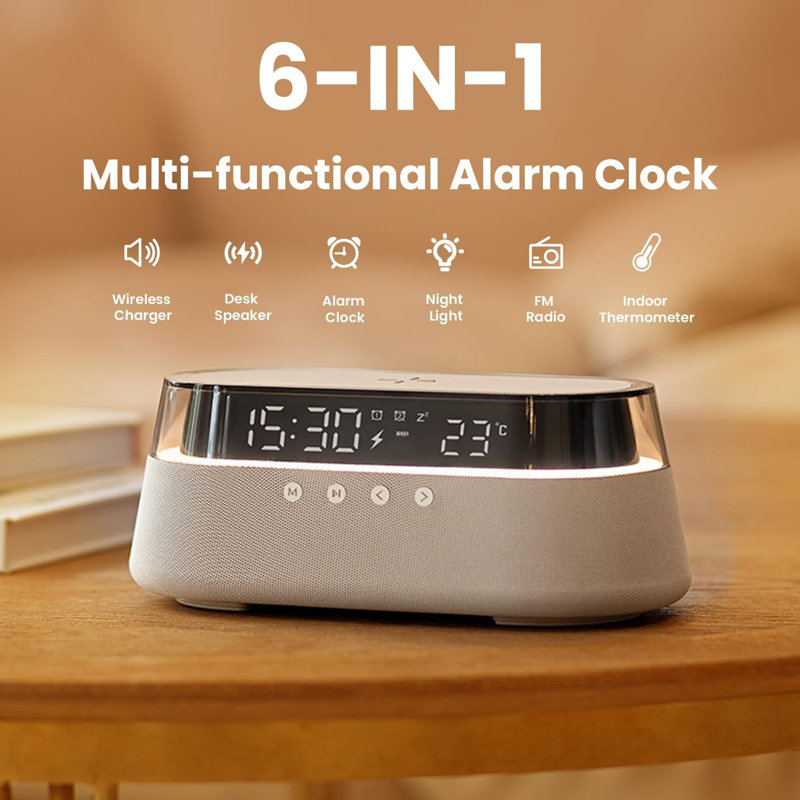 6-in-1 Beige Alarm Clock With Wireless Charging & Radio