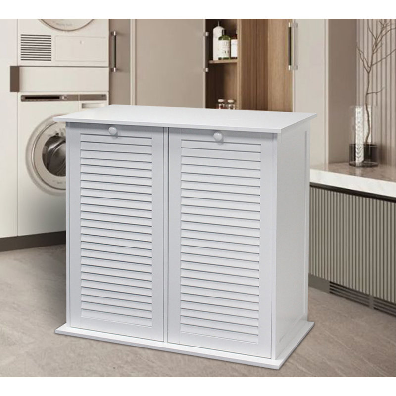 Linen 28.75" H x 15.25" W Dual Hamper Cabinet Tilt-out Laundry Hamper with 2 Removable Compartment Cotton Bags, White