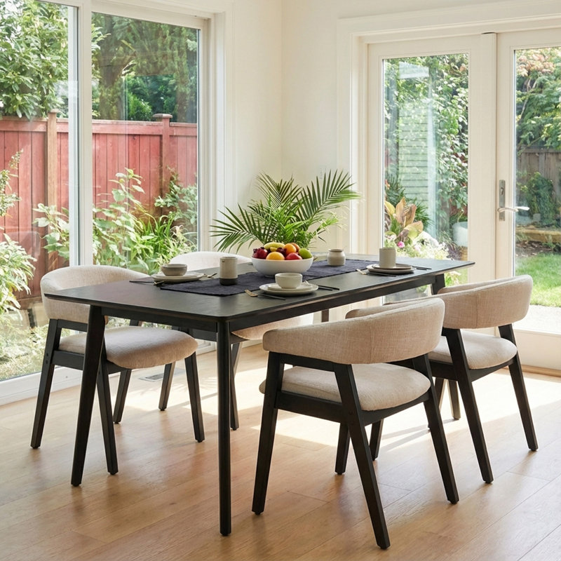 Mid-Century Modern Dining Chairs, Linen Upholstered Kitchen Dining Room Chairs Curved Backrest Dining Chairs With Wood Legs(Set Of 2)
