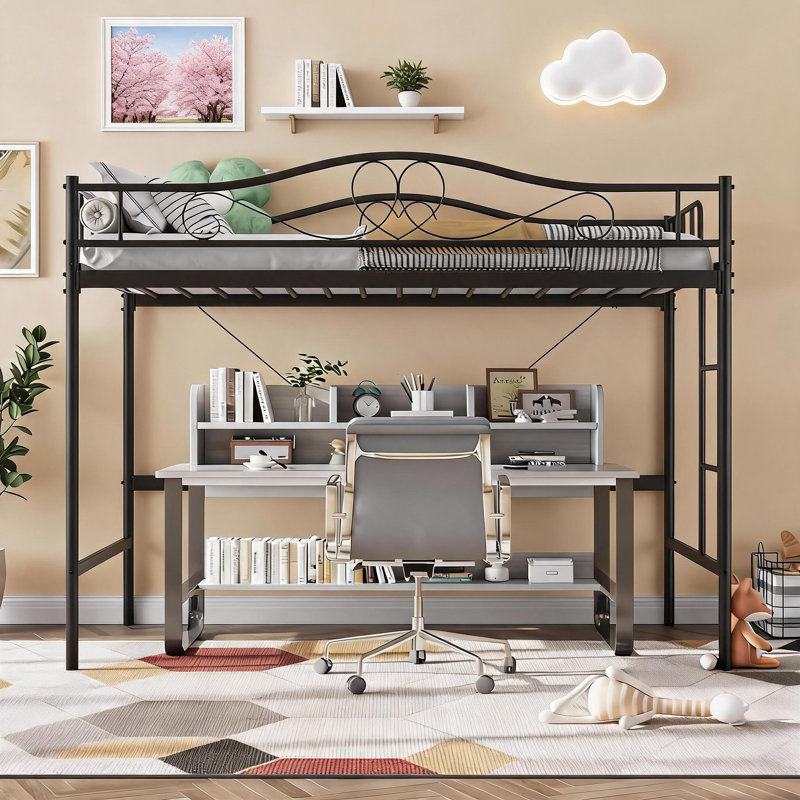 Lit mezzanine simple en métal avec échelle et garde-corps Robuste Capacité de 400 lb Aucun sommier nécessaire Facile à assembler Noir Durable et élégant