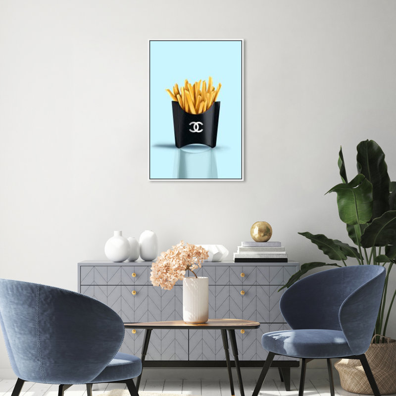 " Fashion And Glam Very French French Fries Turquoise Fashion ", White Framed Canvas, 30" H x 20" W x 1.5" D
