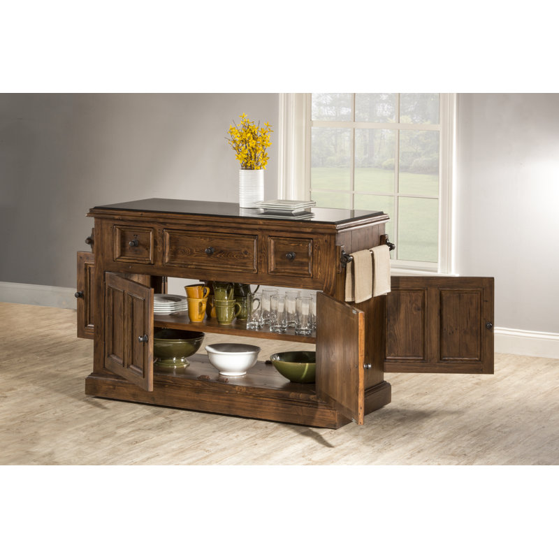 Harpenden Solid Wood Kitchen Island with Locking Wheels, Rustic Mahogany/Black