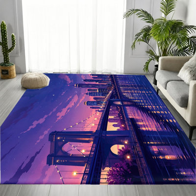 Tapis Cityscape Night View, motif de pont bleu mauve, tapis antidérapant lavable à la machine, décoration intérieure artistique vibrante pour salon, chambre à coucher, dortoir, appartement