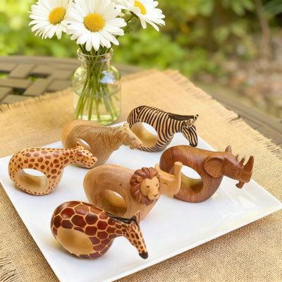 6 Pack Mahogany Wood Animal Napkin Rings Set, Hand-Carved Zoo Theme Napkin Holders For Wedding Birthday Party, Rustic Farmhouse Table Decor