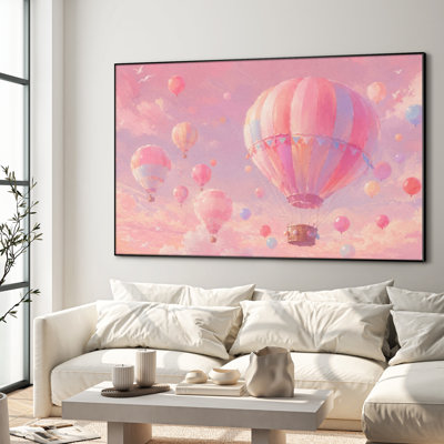 Très grand art mural imprimé sur toile - Montgolfière rose ciel bleu ciel avec nuages pastel romantiques pour le salon ou la chambre à coucher "Assemblage requis (cadre non fini)"