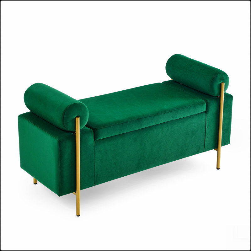 Élégant banc de rangement rembourré en velours avec accoudoirs cylindriques et pieds en fer pour le couloir