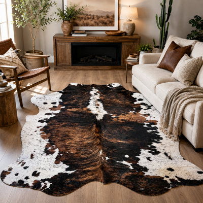 Genuine Tricolor Cowhide Rug – Real Leather Hair on Hide Area Rug for Living Room, Bedroom & Office