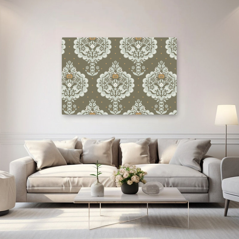 Impression d'art mural élégante et traditionnelle à motif damas d'oiseaux, H 40 po x l 60 po