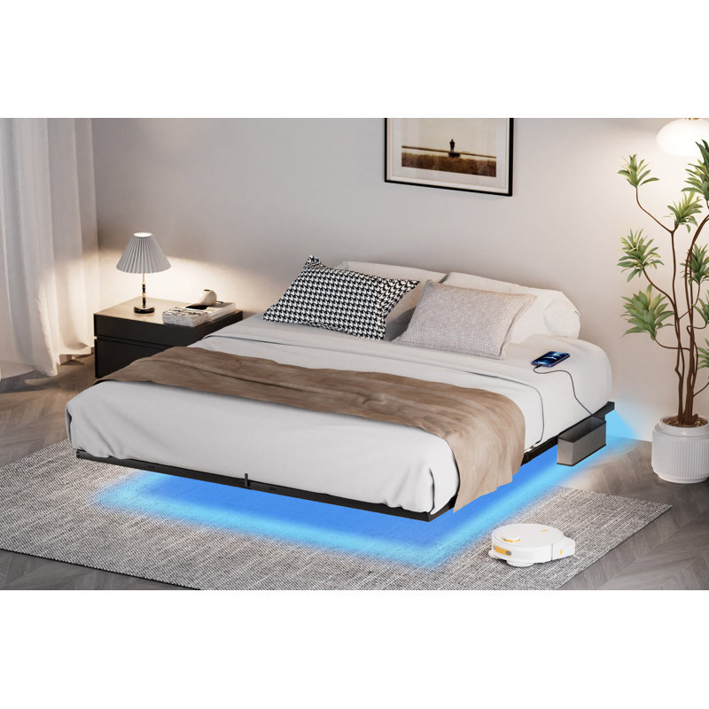 Cadre de lit flottant avec lumières DEL et station de charge, lit plateforme en métal, Très grand lit