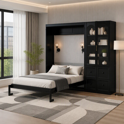 Murphy Bed with Reversible Left-Right Side Cabinet, Acrylic Doors, 4 Drawers & Multi Storage Shelves Cabinets