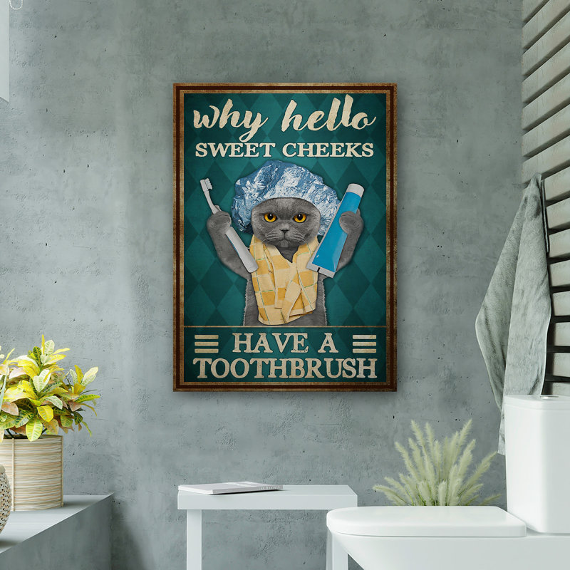 Chat à brosser les dents - pourquoi bonjour les joues douces, toile tendue avec châssis - décor d'illustrations pour salle de bain pour animaux de compagnie, gris et bleu