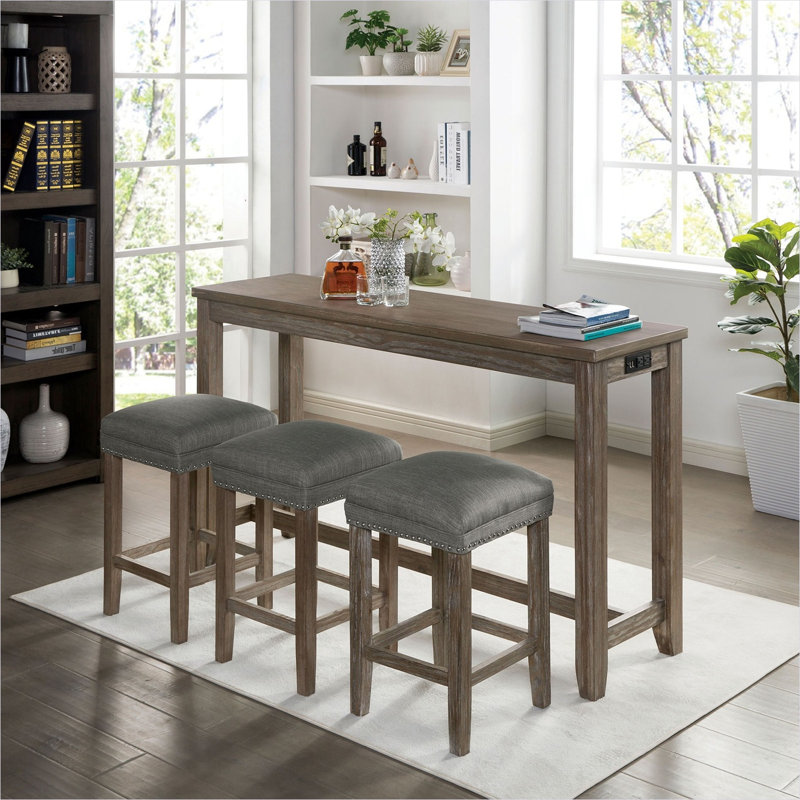 Ensemble de table de salle à manger 4 pièces avec 3 tabourets, table rectangulaire en bois massif gris classique, 64 comptoirs de bar de cuisine larges, sièges rembourrés avec garniture cloutée, prise USB
