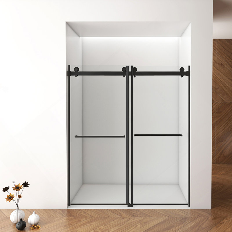 56"-60"W x 76"H Frameless Shower Door, Double Sliding Shower Door, 3/8'' (10mm) Clear Tempered Glass Shower Enclosure with Square Rail,Double Side Easy Clean Coat,Matte Black Finished With Buffer