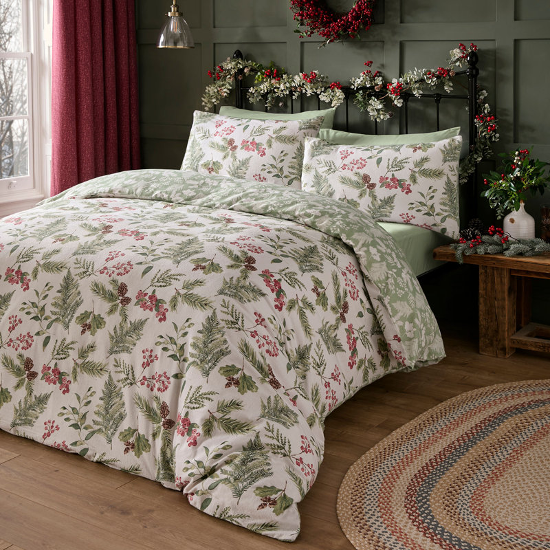 Dreams & Drapes Winter Sprigs Cotton Floral Duvet Cover Set with Pillowcases, King Duvet Cover + 2 Standard Pillowcases
