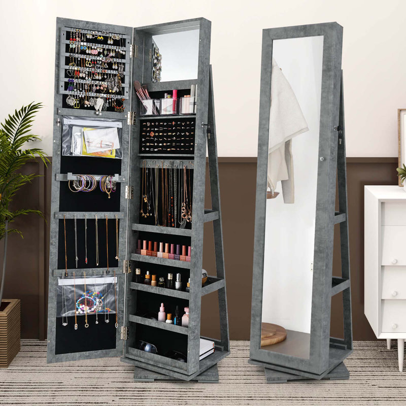 Armoire à bijoux pivotante 360 ° 2-en-1 verrouillable en miroir , Gris foncé