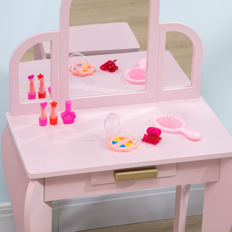 HOMCOM Kids Dressing Table and Stool w/Mirror, Drawer Ages 3-6 Years Pink