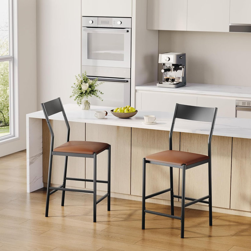 Modern Counter Height PU Leather Barstools with Curved Iron Backrest & Footrest, 300 lbs Capacity Iron Tube Frame for Kitchen Island