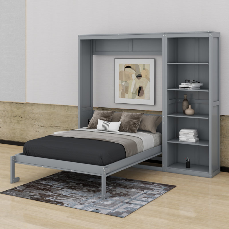 Queen Size Murphy Bed Wall Bed With Shelves, Queen, Gray