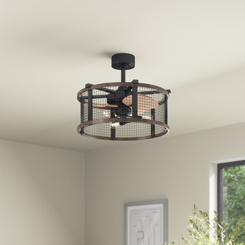 Ender 21 in. Oil Rubbed Bronze and Burnished Teak Indoor Rod Mount Industrial Fandelier Ceiling Fan with Anigre Blades, Dimmable LED Light Kit and Remote Control Included, 3 Speeds Caged Drum Shade