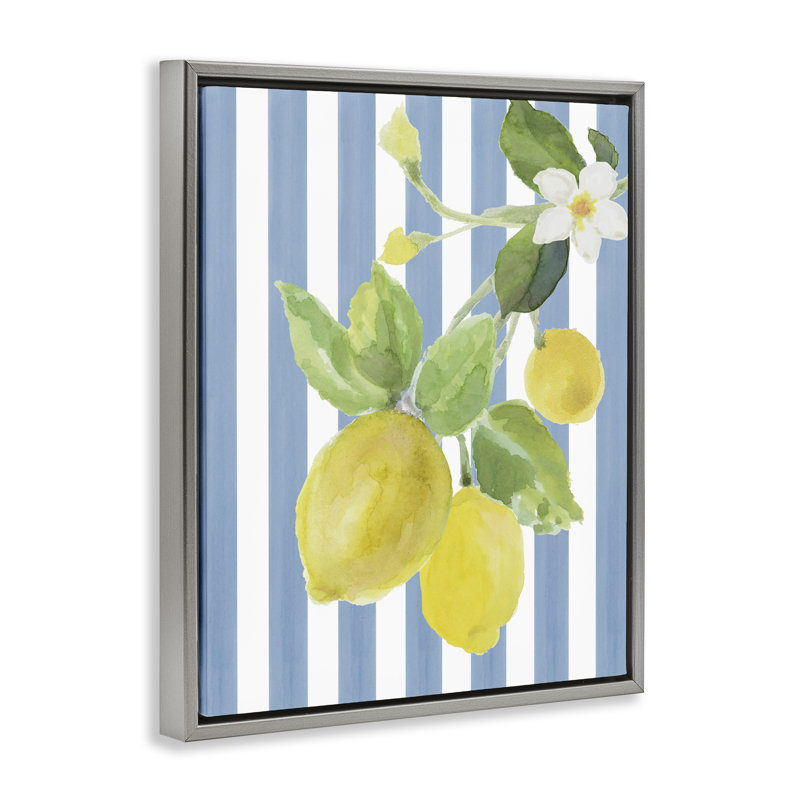 Cadre flottant Lemon Blossom sur rayures bleues, design par Lanie Loreth, 21 x 17, Lustre Grey Floater Framed