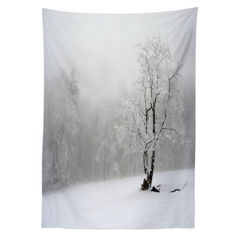 Tree Tablecloth, Winter Landscape Picture With A Tree In Snowy Field And Foggy Forest At The Back, Rectangular Table Cover For Dining Room Kitchen Decor, 52" X 70", White Black
