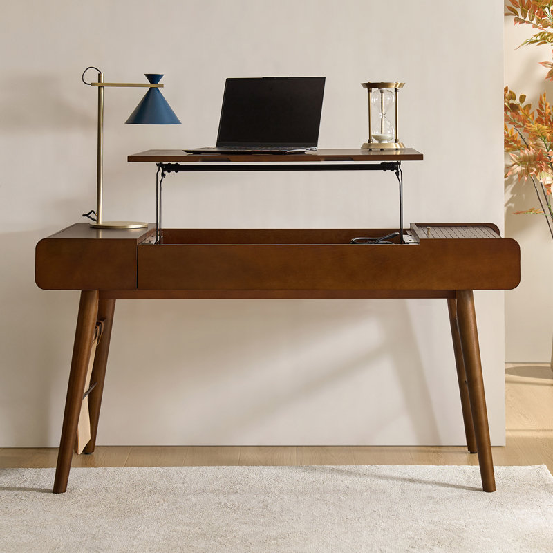 153CM W Adjustable Height Solid Wood Standing Desk with Built-In Electrical Outlet, Walnut