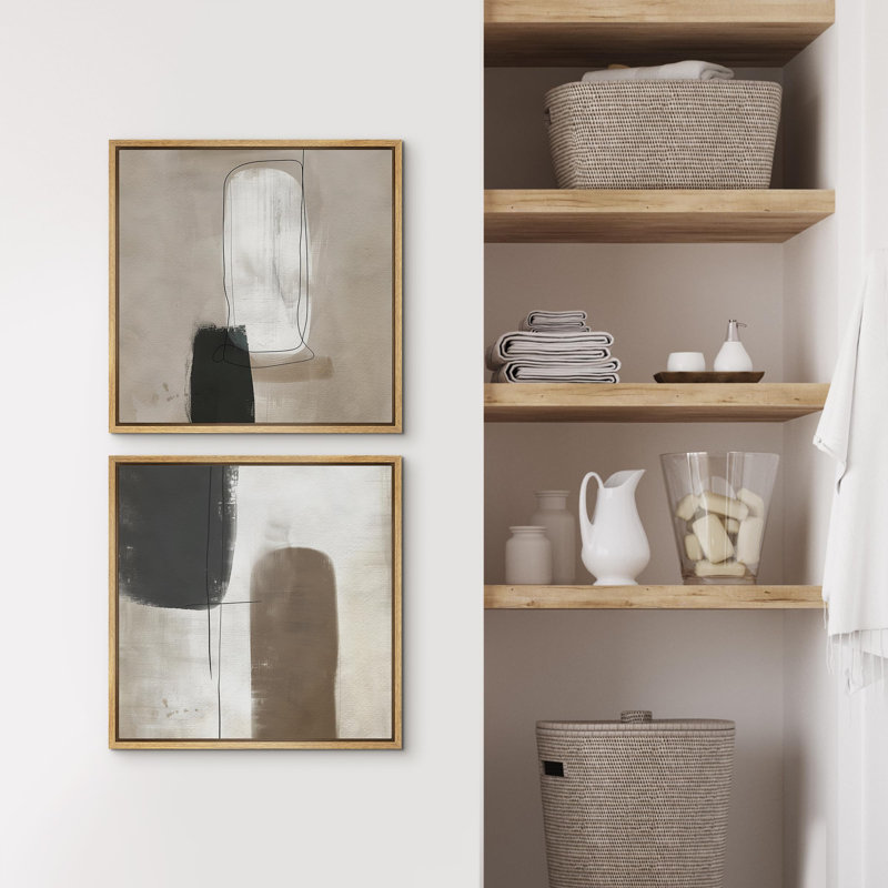 "Art contemporain nordique brun moderne abstrait" - 2 pièces, H 16" x l 16", Cadre naturel flottant
