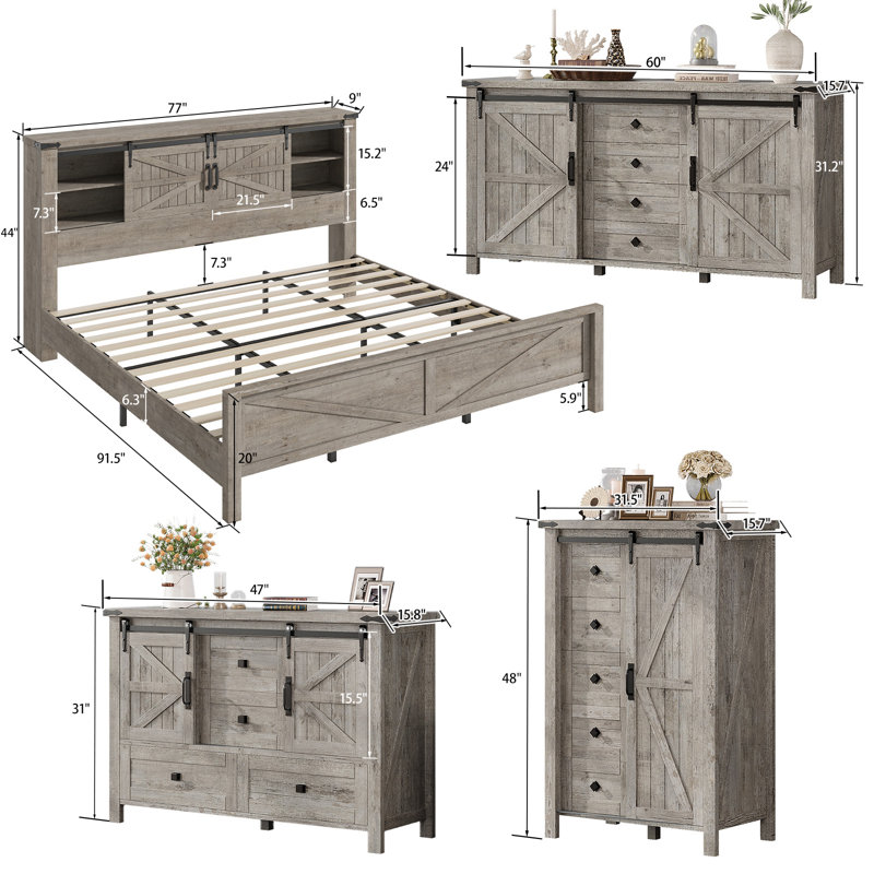  Ensemble de chambre à coucher de style campagne avec porte de grange 4 pièces, très grand, 4 pièces, gris, gris, Très grand