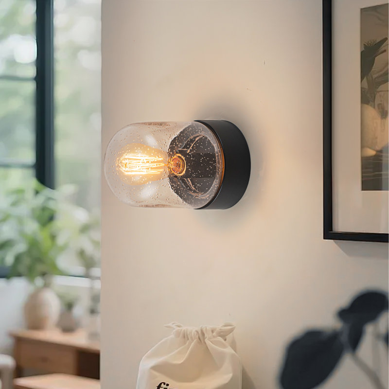 Plafonnier encastré 1 lumière noir mat avec abat-jour en verre bullé