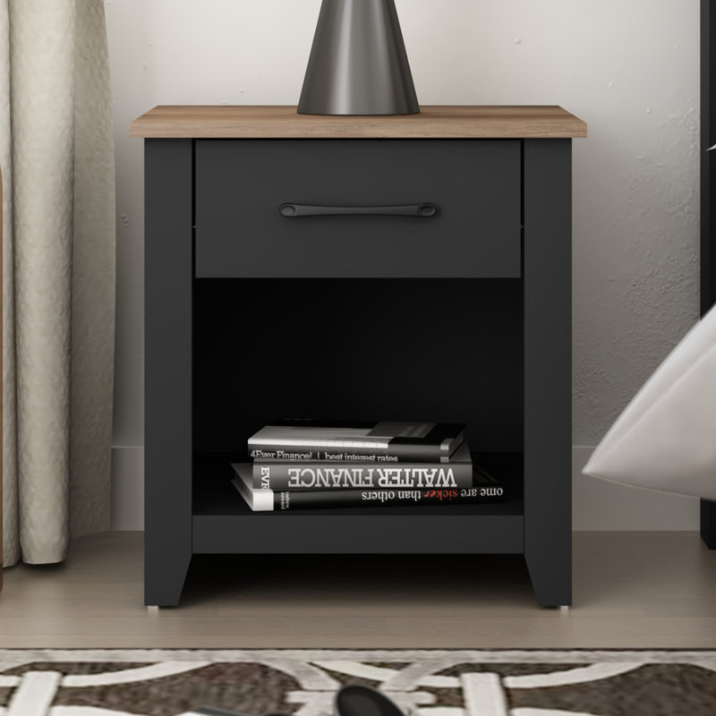Walter 20.3" 1 Drawer Nightstand, Black/Knotty Oak