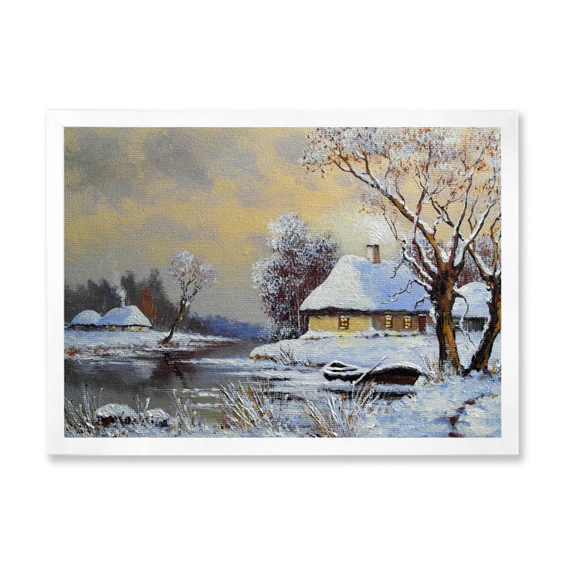Country River In Winter Times I - Décoration murale traditionnelle sur toile, H 16 po x l 32 po x P 1 po, Cadre photo blanc