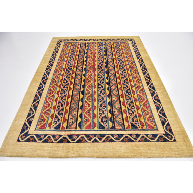 Tapis en laine crème/bleu 6 pi x 7 pi 10 po one-of-kind à la main noué la Denver