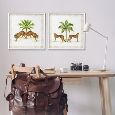 Symmetrical Leopards & Palm Trees 2 Piece Framed Giclee Art Set, design by Janet Tava