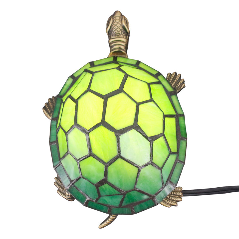 Tortoise Tiffany Style Turtle Lamp Small Bedside Cute Accent Green Stained Glass Shade Night Light, Green
