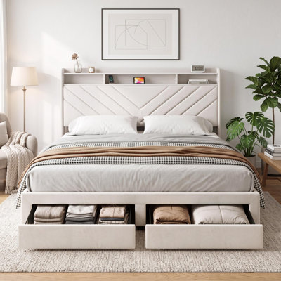 King Size Upholstered Platform Bed Frame With Charging Station And 2 Storage Drawers, 2‑Tier Storage Headboard With Velvet Upholstery, Easy Assembly, Beige
