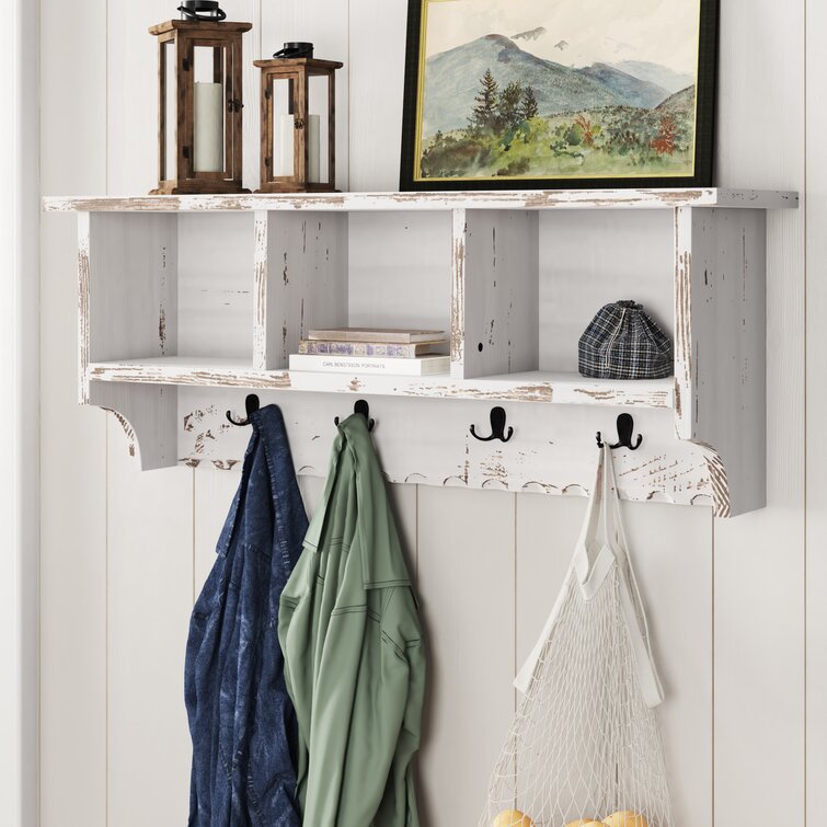 Cain 36 Wide Wooden Wall Mounted Coat Rack with 4 Hooks and Storage in Rustic Antique Finish Birch Lane Color: White