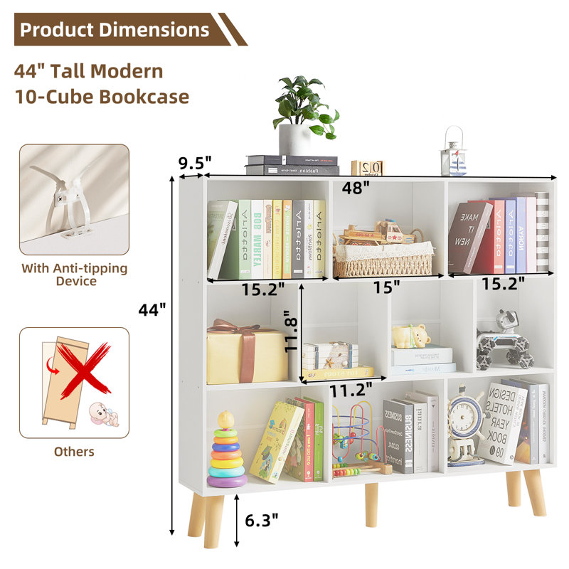 10 Cube Bookshelf,3 Tier Modern Wide Bookcase With Legs,Mid-Century Wood Bookshelves Storage，Retro Large Book Case,Freestanding Organizer Display Shelf For Bedroom,Living Room,Office
