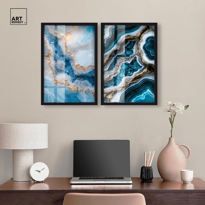 «Golden Geode Luxe Set Shadowbox», art mural bleu par Art Remedy, Noir, H 25 po x l 17 po