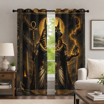 2Pcs Ancient Egyptian Anubis Curtains, Mysterious God Print Curtain, Gold and Black Mythological Art Grommet Drapes, Window Treatment for Bedroom Living Room Home Decor