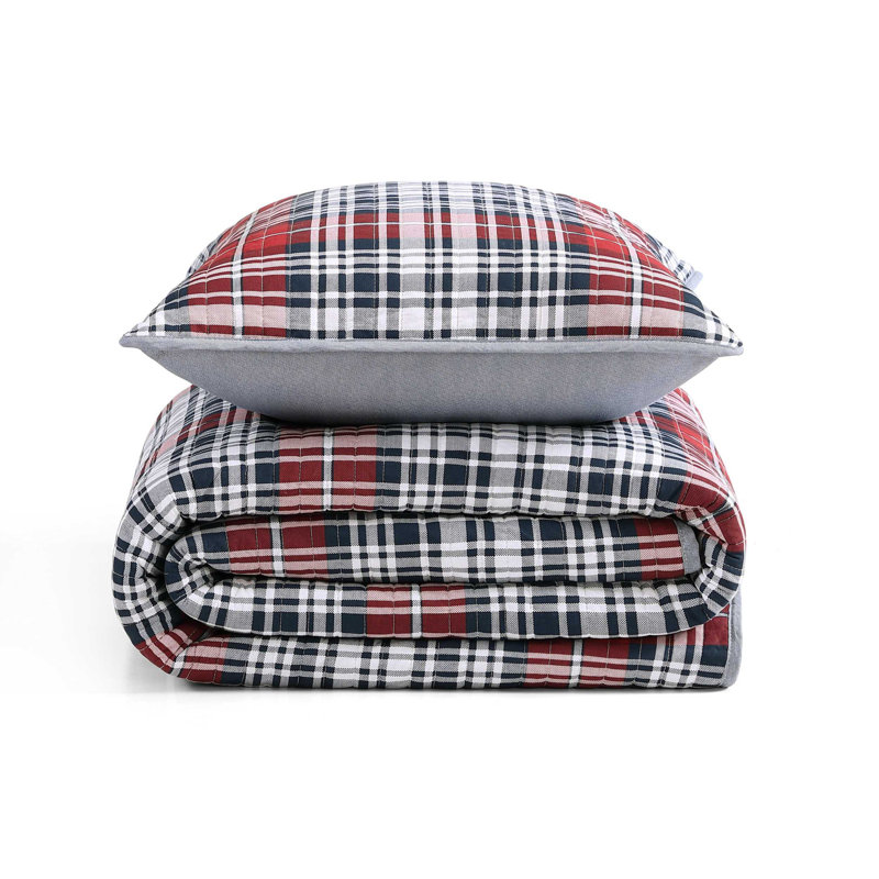 Tommy Hilfiger Collegiate Tartan Blue Cotton Reversible Quilt Set, Blue/Red Plaid, Twin Quilt + 1 Standard Sham