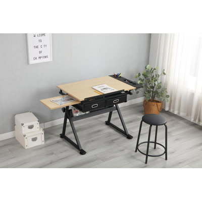 Table de dessin à hauteur réglable pour artiste - plateau inclinable, 2 tiroirs de rangement, tabouret - bureau d'art polyvalent pour la peinture, le dessin, l'écriture, l'artisanat - idéal pour le bureau à domicile - couleur bois naturel