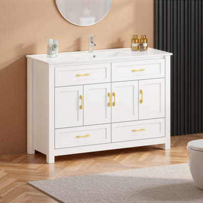Ensemble de meuble-lavabo 48 po avec lavabo en céramique, armoire de rangement abondante, 4 portes à fermeture douce et 4 tiroirs