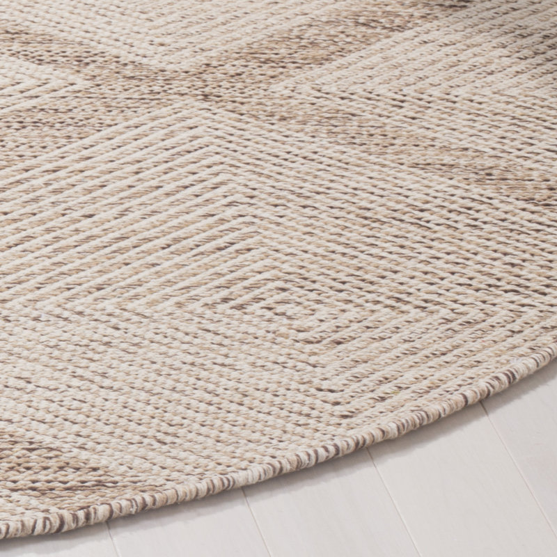 Tapis géométrique beige en coton tissé à plat à la main Abberton, Rond 6 pi