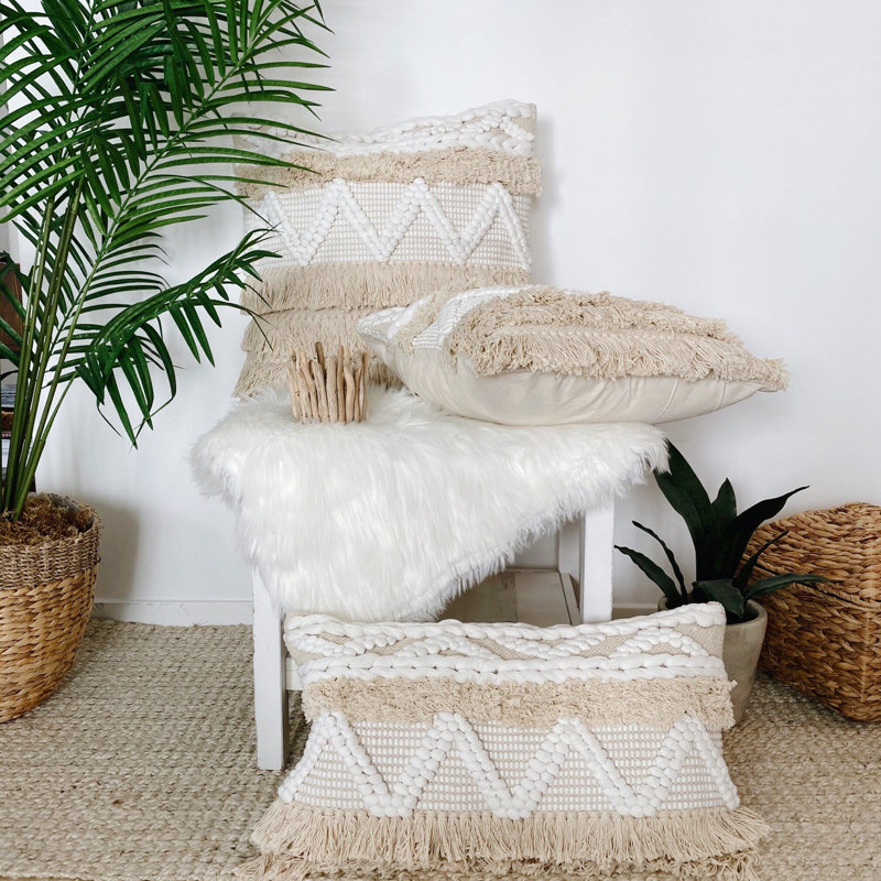 Housse de coussin Alonisos Boho blanc et neutre 20 po x 20 po